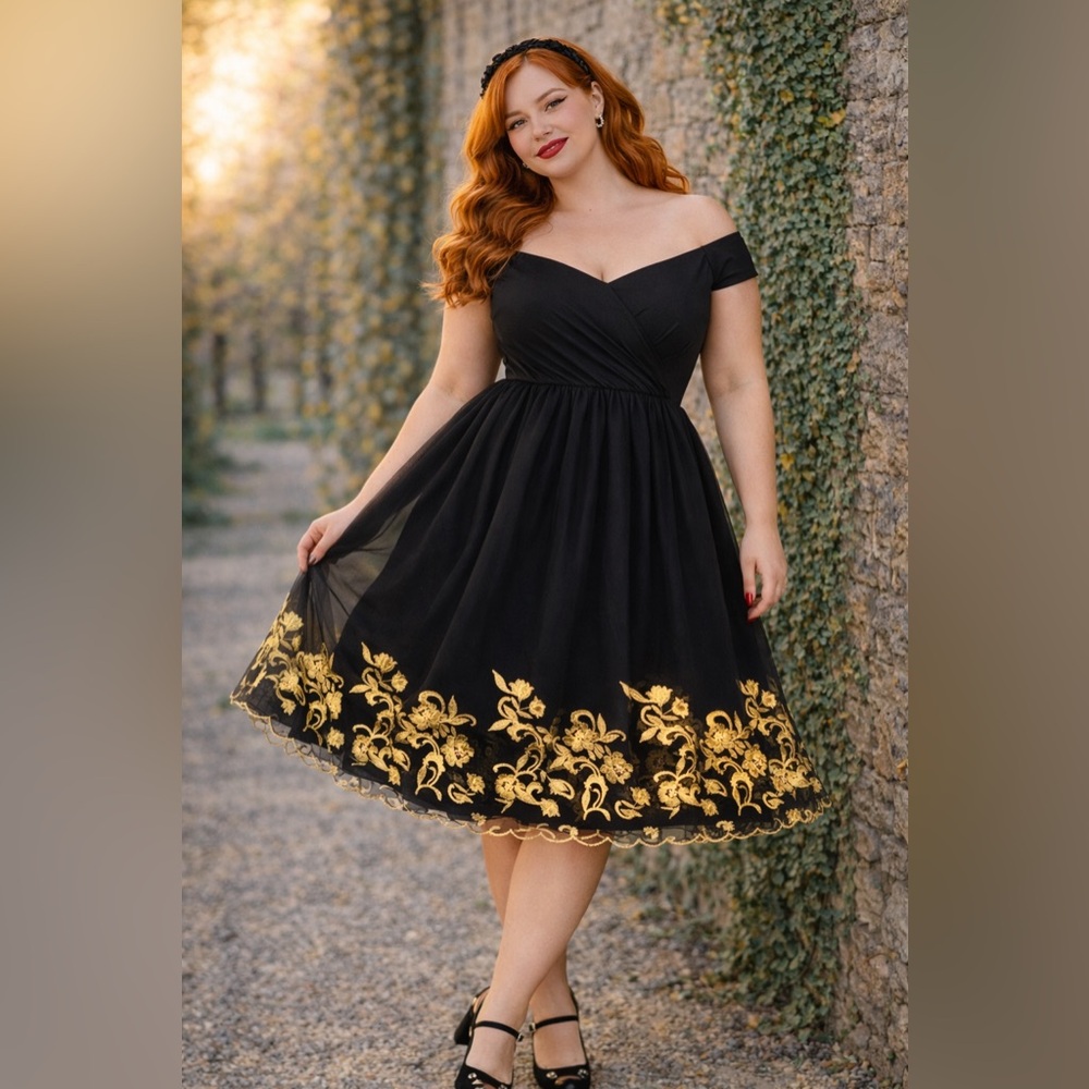 Torrid Retro Chic Black & Gold Embroidered Tulle Swing Dress, Size 14, NWT! - Picture 2 of 16